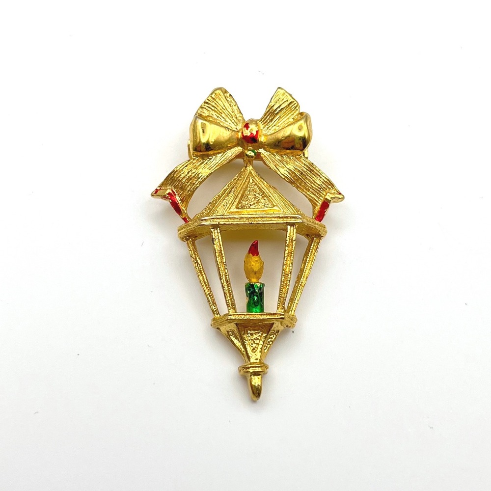 Gerrys Vintage Christmas Lantern Brooch Gold‎ Tone Enamel Candle Bow Pin